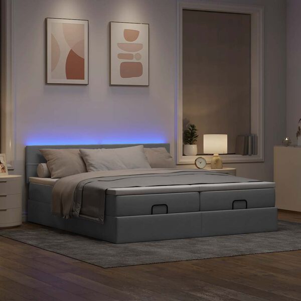 vidaXL Ottoman bed met matrassen en LED's 200x200cm stof lichtgrijs