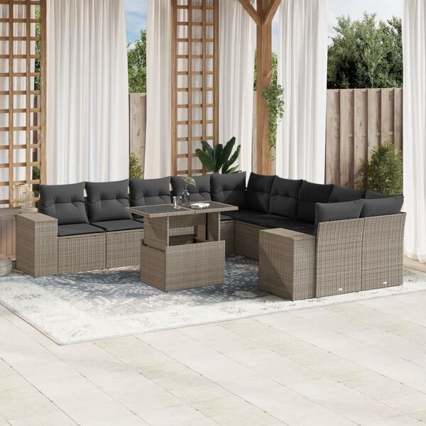 vidaXL 11-delige Loungeset met kussens poly rattan lichtgrijs