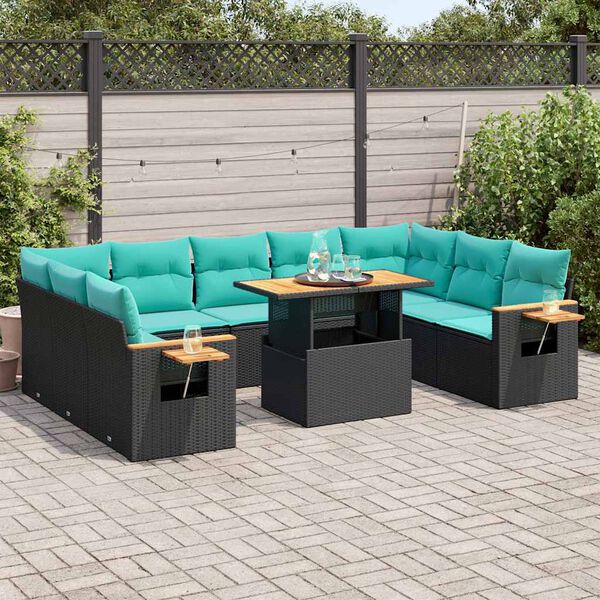 vidaXL 10-delige Loungeset met kussens poly rattan acacia zwart
