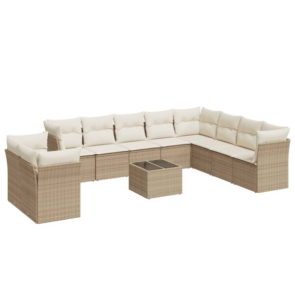 vidaXL 11-delige Tuinset met kussens poly rattan beige