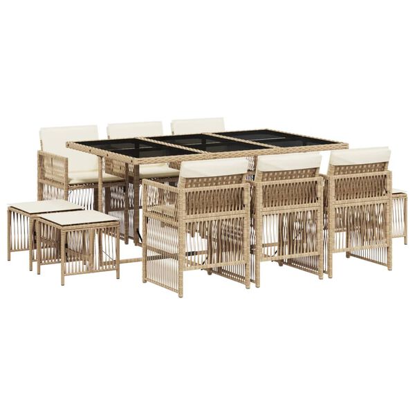 vidaXL 11-delige Tuinset met kussens poly rattan beige