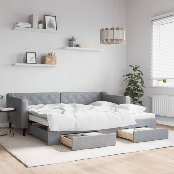 vidaXL Slaapbank met onderschuifbed en lades 90x200 cm stof lichtgrijs