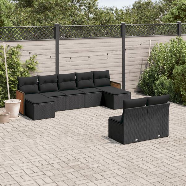 vidaXL 9-delige Loungeset met kussens poly rattan zwart