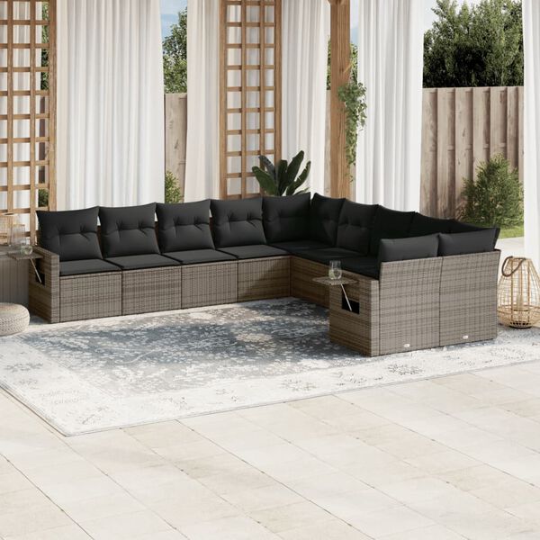 vidaXL 10-delige Loungeset met kussens poly rattan grijs