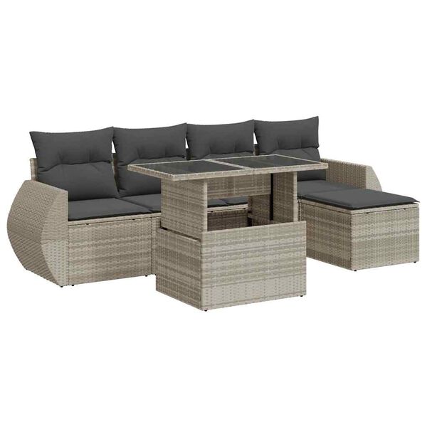 vidaXL 6-delige Loungeset met kussens poly rattan lichtgrijs