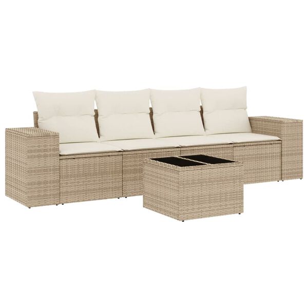 vidaXL 5-delige Loungeset met kussens poly rattan beige