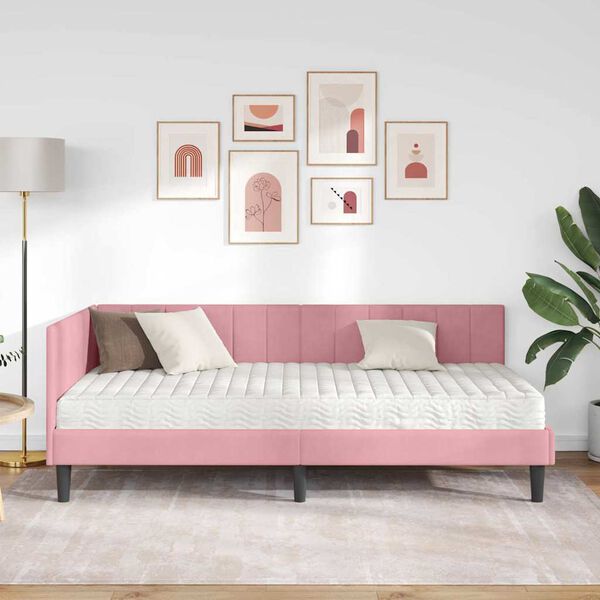 vidaXL Hoekbedframe met matras met hoofdeinde Roze 90 x 200 cm Fluweel