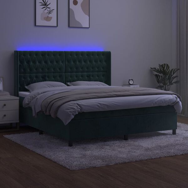 vidaXL Boxspring met matras en LED fluweel donkergroen 160x200 cm