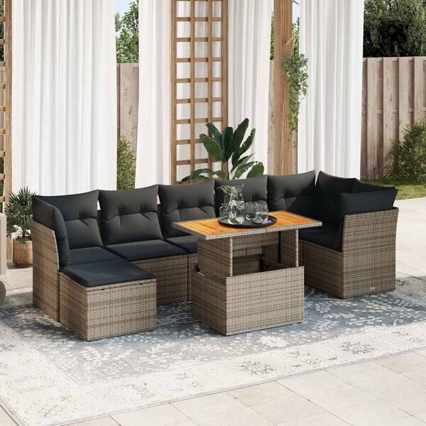 vidaXL 8-delige Loungeset met kussens poly rattan grijs