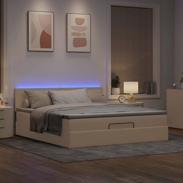 vidaXL Ottoman bed met matras en LED's 160x200cm stof cr&egrave;mekleurig