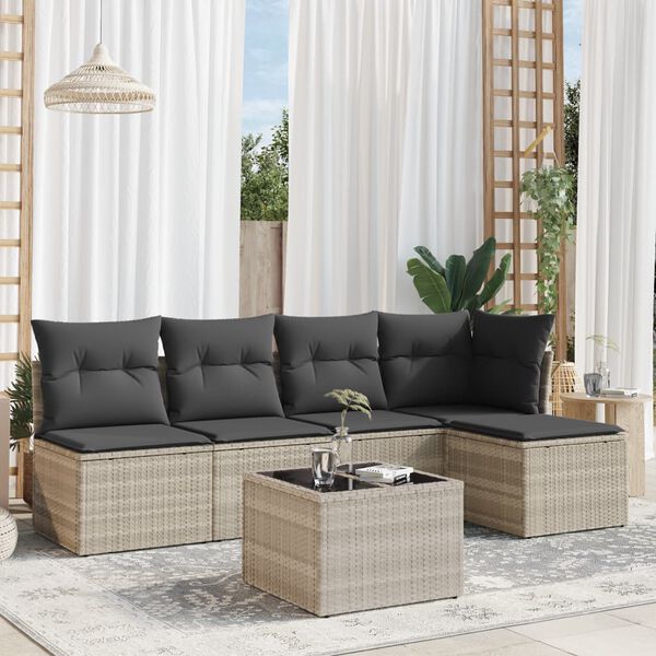 vidaXL 6-delige Loungeset met kussens poly rattan lichtgrijs