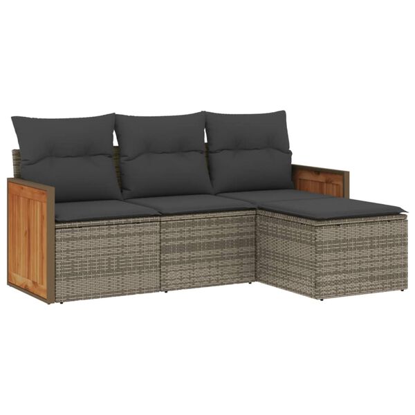 vidaXL 4-delige Loungeset met kussens poly rattan grijs