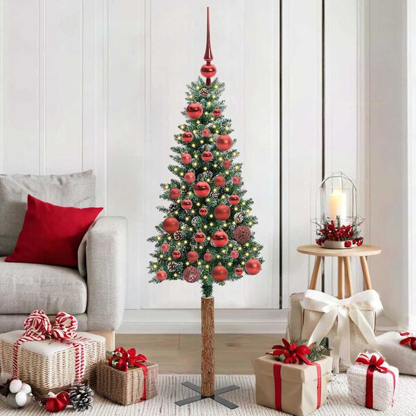 vidaXL Slanke Kerstboom Groen en Wit 150 cm PVC en massief dennenhout
