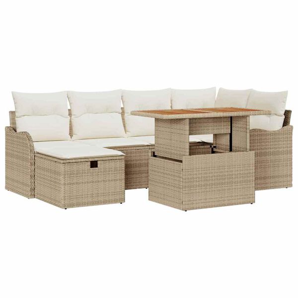 vidaXL Tuin Sofa Set met kussen met opslag 7 pcs Beige Poly riet