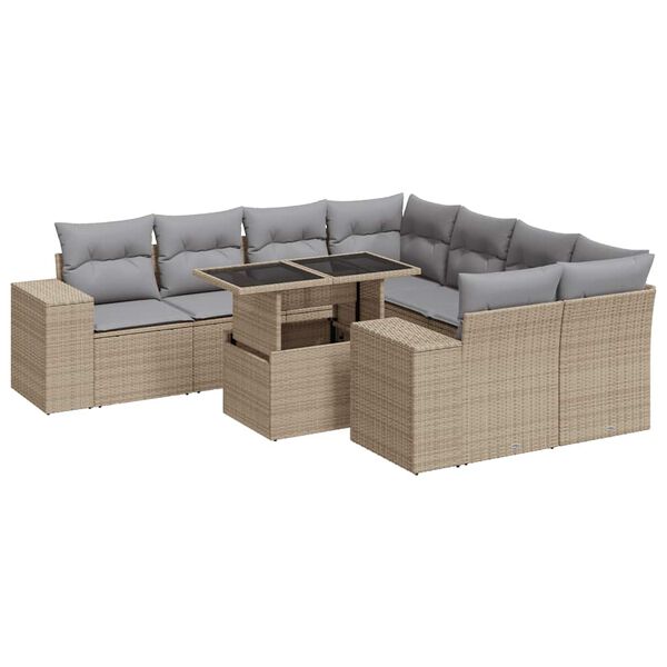vidaXL 9-delige Loungeset met kussens poly rattan beige