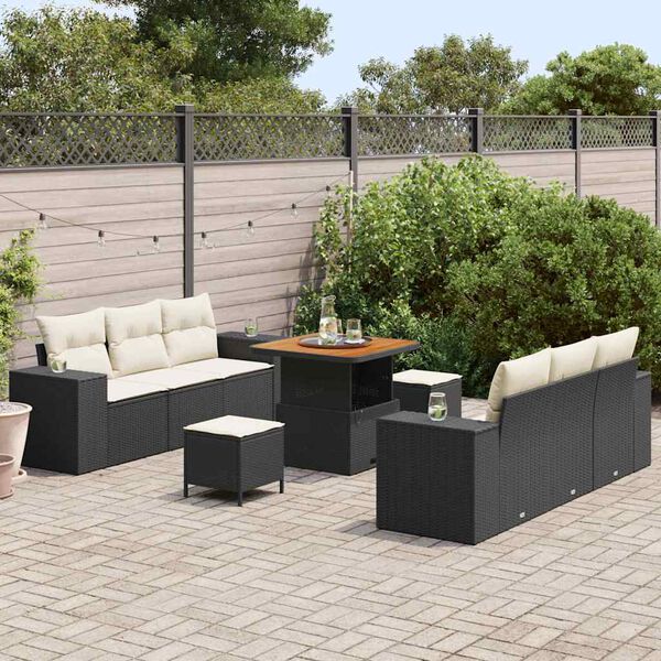 vidaXL Tuin Sofa Set met kussen 9 pcs Zwart en Cr&egrave;me Poly Rattan