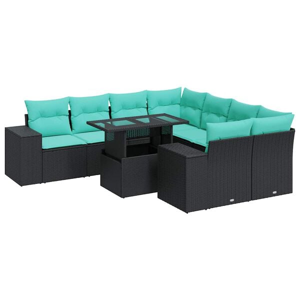 vidaXL 9-delige Loungeset met kussens poly rattan acacia zwart