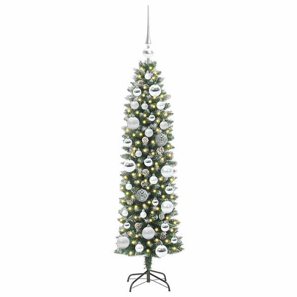 vidaXL Kunstmatige slanke kerstboom met 150 LED Groen en Wit 120 cm
