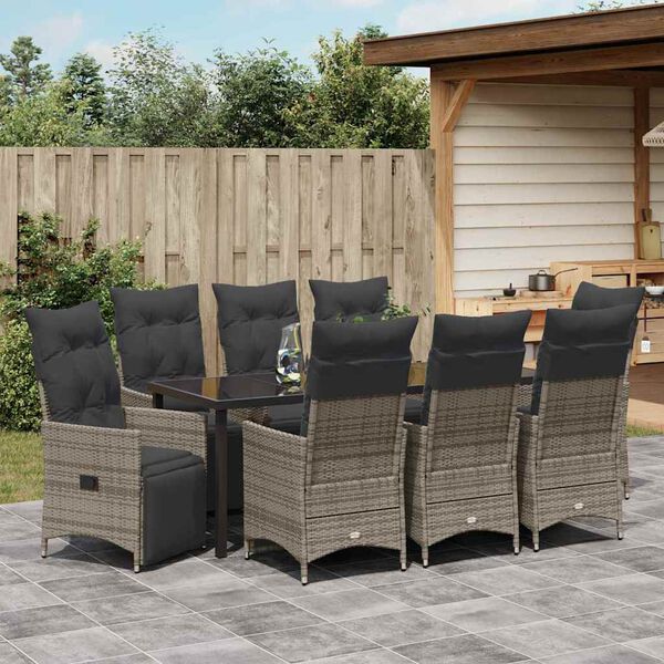vidaXL Tuin Eetset met kussen 9 pcs Grijs Poly riet
