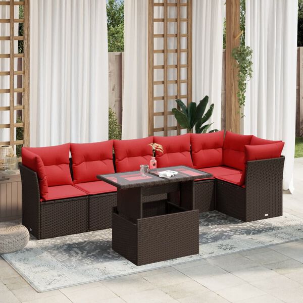 vidaXL 7-delige tuinbankset met kussens, bruin polyrotan