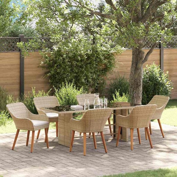 vidaXL Tuin eettafelset met kussen 7 pcs Beige poly rattan