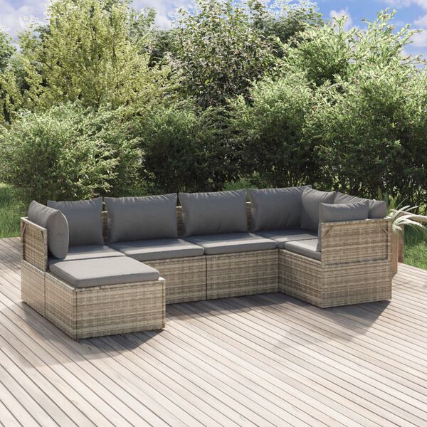 vidaXL 6-delige Loungeset met kussens poly rattan grijs