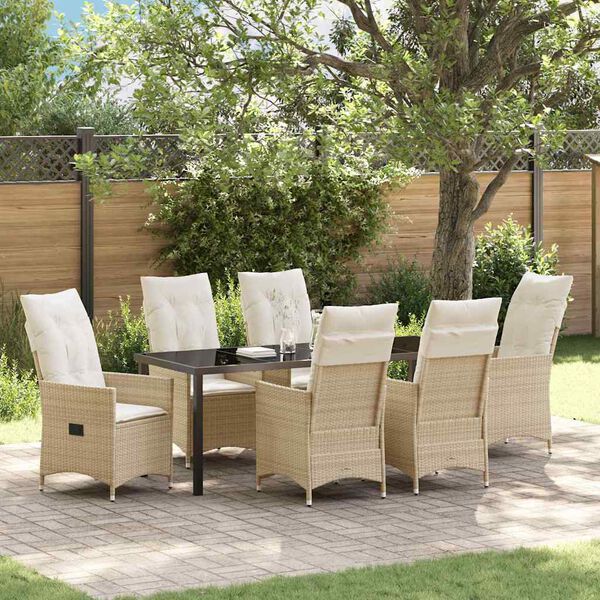 vidaXL Tuin eettafelset met kussen 7 pcs Beige poly rattan