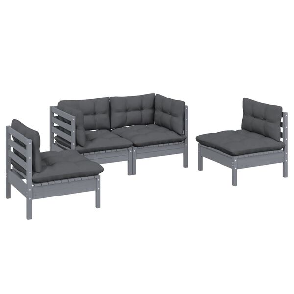 vidaXL 4-delige Loungeset met kussens massief grenenhout