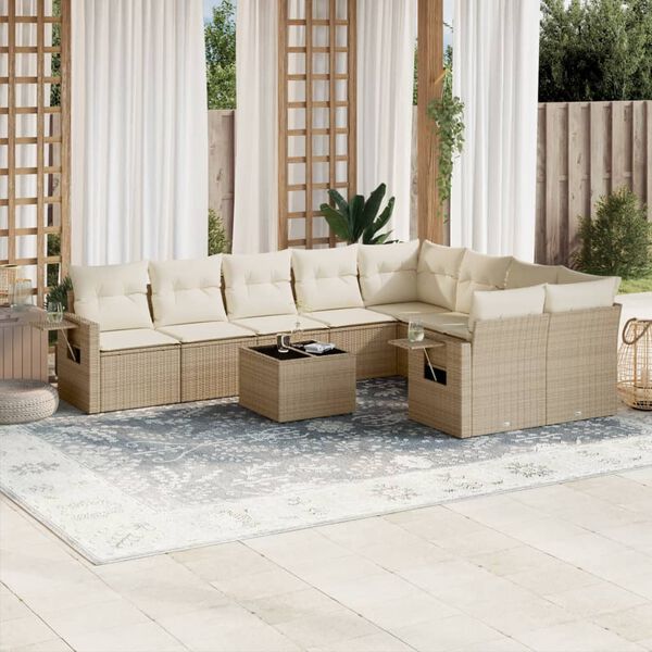 vidaXL 10-delige Loungeset met kussens poly rattan beige