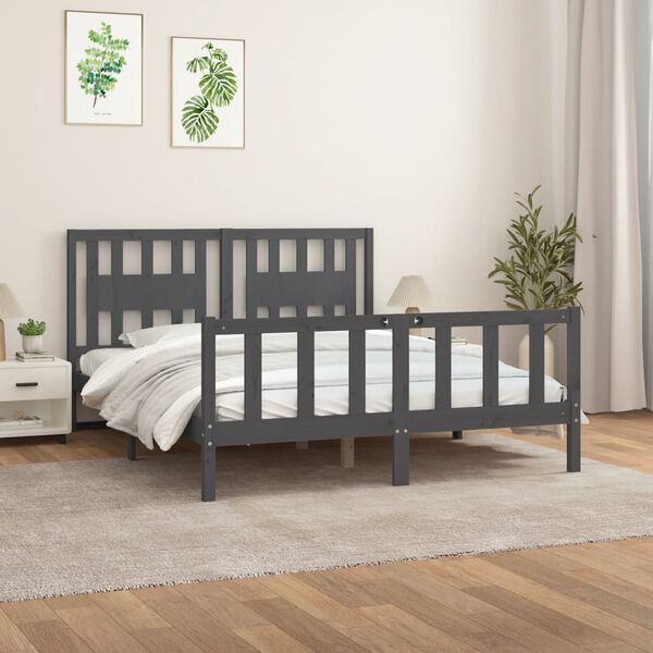 vidaXL Bedframe met hoofdbord massief grenenhout grijs 150x200 cm