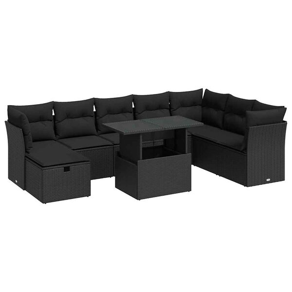 vidaXL 9-delige Loungeset met kussens poly rattan zwart