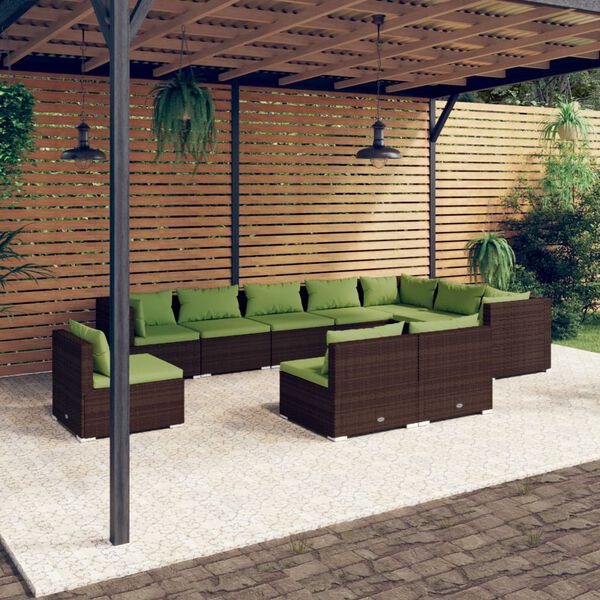 vidaXL 10-delige Loungeset met kussens poly rattan bruin