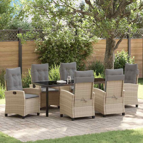 vidaXL Tuin eettafelset met kussen 7 pcs Beige poly rattan
