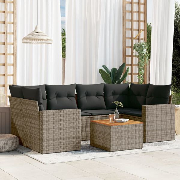 vidaXL 7-delige Loungeset met kussens poly rattan grijs