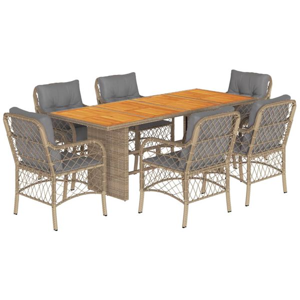 vidaXL 7-delige Tuinset met kussens poly rattan gemengd beige