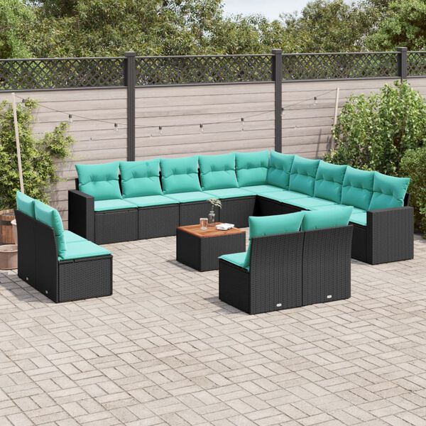 vidaXL 14-delige Loungeset met kussens poly rattan zwart
