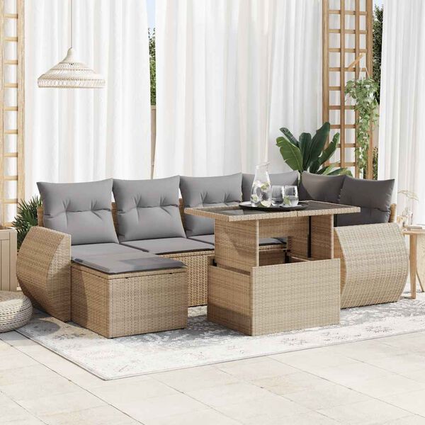 vidaXL 7-delige Loungeset met kussens poly rattan beige