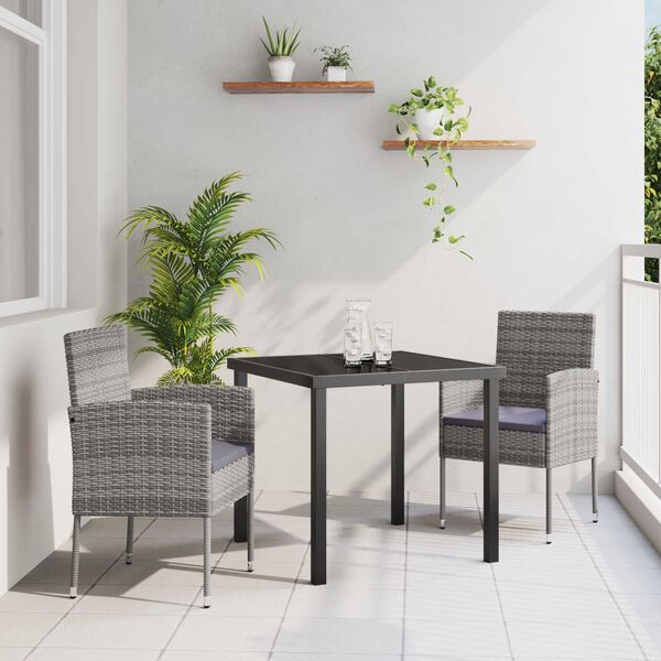 vidaXL Tuin eettafelset met kussen 3 pcs Grijs poly rattan