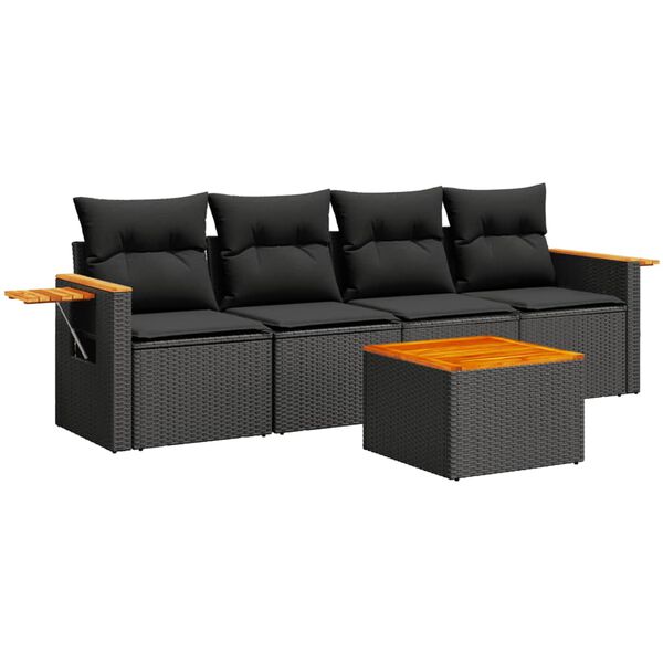 vidaXL 5-delige Loungeset met kussens poly rattan zwart