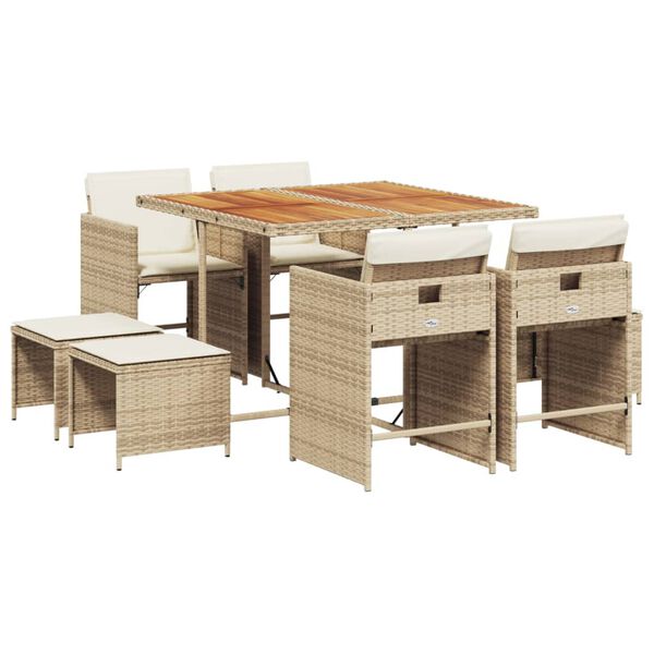 vidaXL 9-delige Tuinset met kussens poly rattan beige
