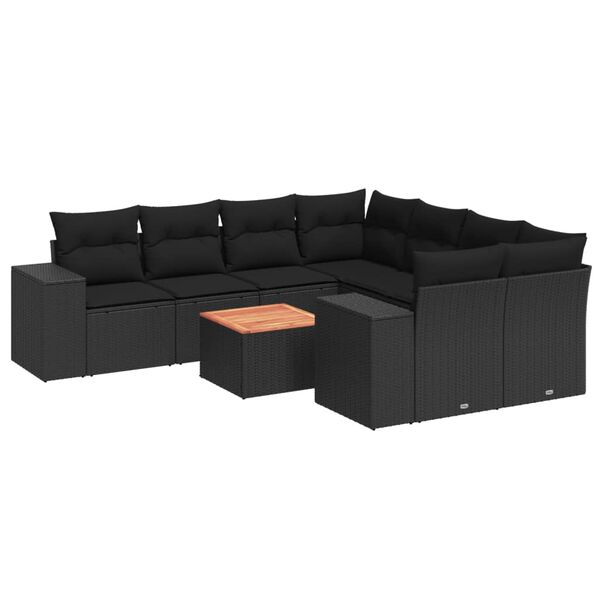 vidaXL 9-delige Loungeset met kussens poly rattan zwart