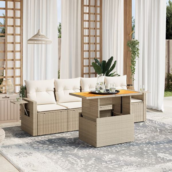 vidaXL 5-delige Loungeset met kussens poly rattan beige