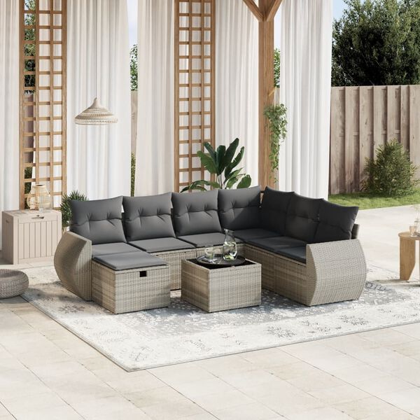 vidaXL 8-delige Loungeset met kussens poly rattan lichtgrijs