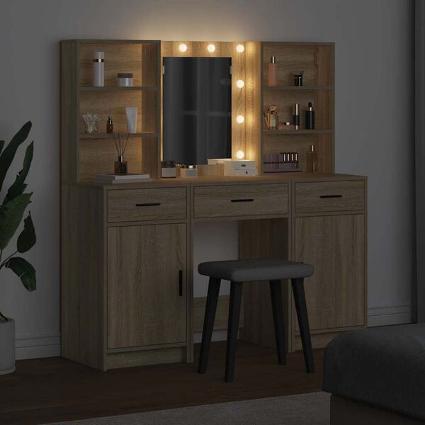 vidaXL Make-up tafel set met LED 3 pcs Sonoma Eiken Bewerkt hout