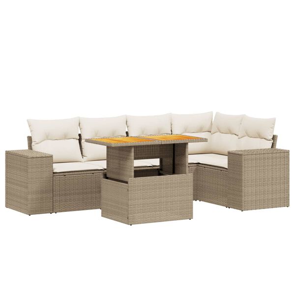 vidaXL 6-delige Loungeset met kussens poly rattan beige