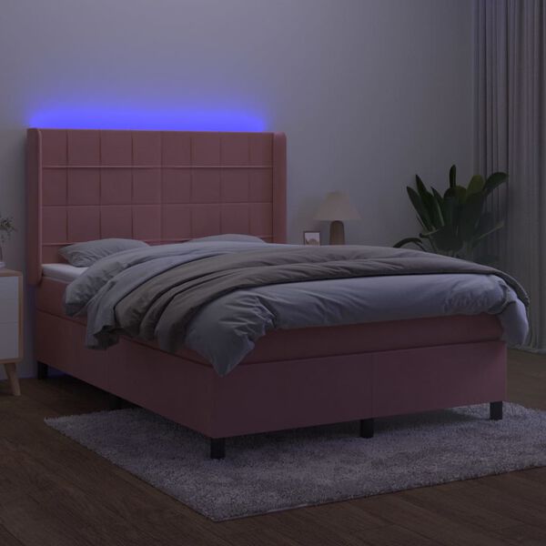 vidaXL Boxspring met matras en LED fluweel roze 140x190 cm