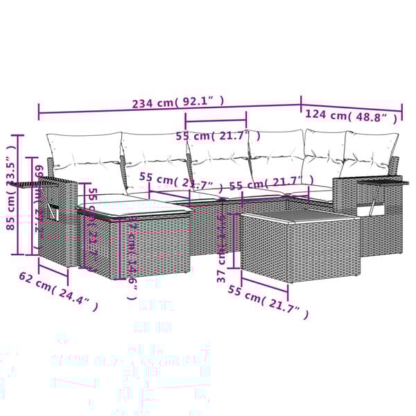 vidaXL 7-delige Loungeset met kussens poly rattan grijs