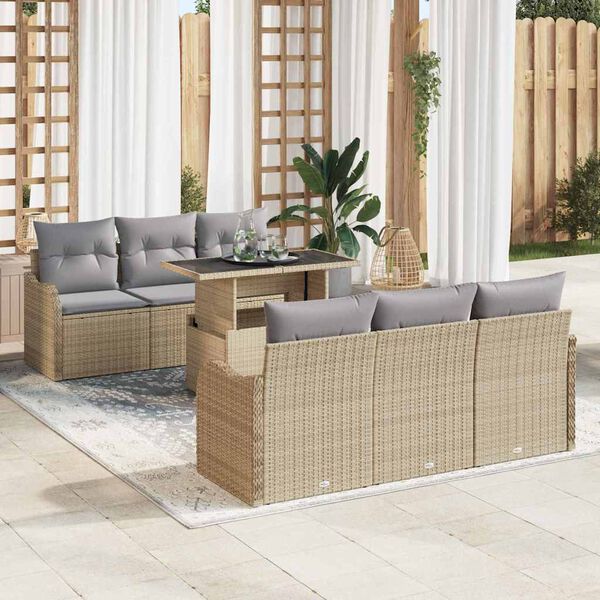 vidaXL Tuin Sofa Set met kussen met opslag 7 pcs Beige Poly riet