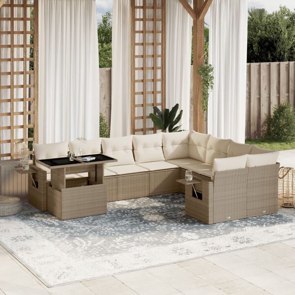 vidaXL 10-delige Loungeset met kussens poly rattan beige