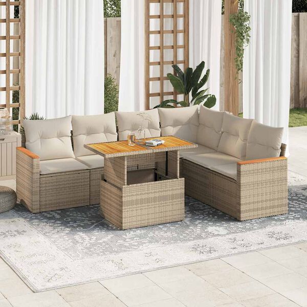 vidaXL 7-delige Loungeset met kussens poly rattan acacia beige
